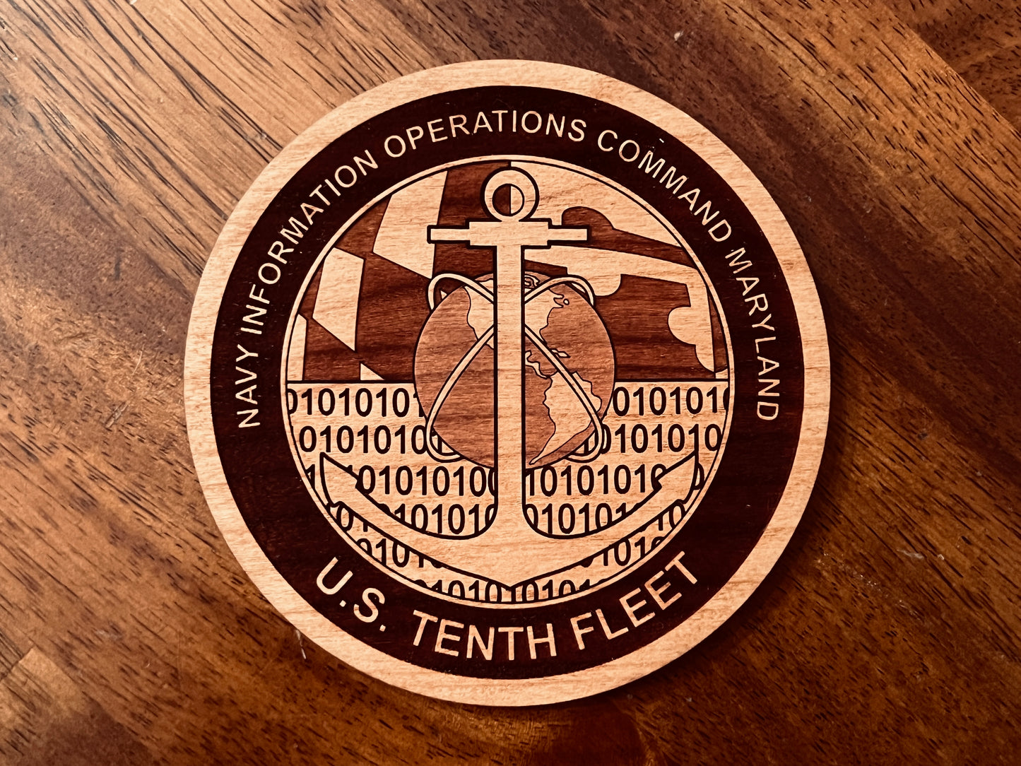 NIOC Maryland Laser Engraved Cherry Wood Coaster – Solid Wood Navy Gift