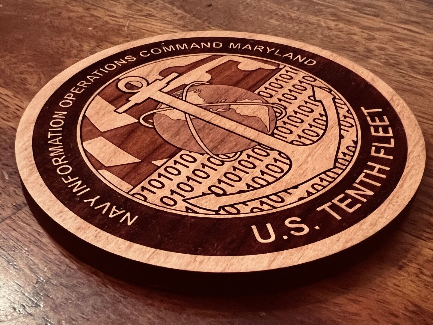 NIOC Maryland Laser Engraved Cherry Wood Coaster – Solid Wood Navy Gift