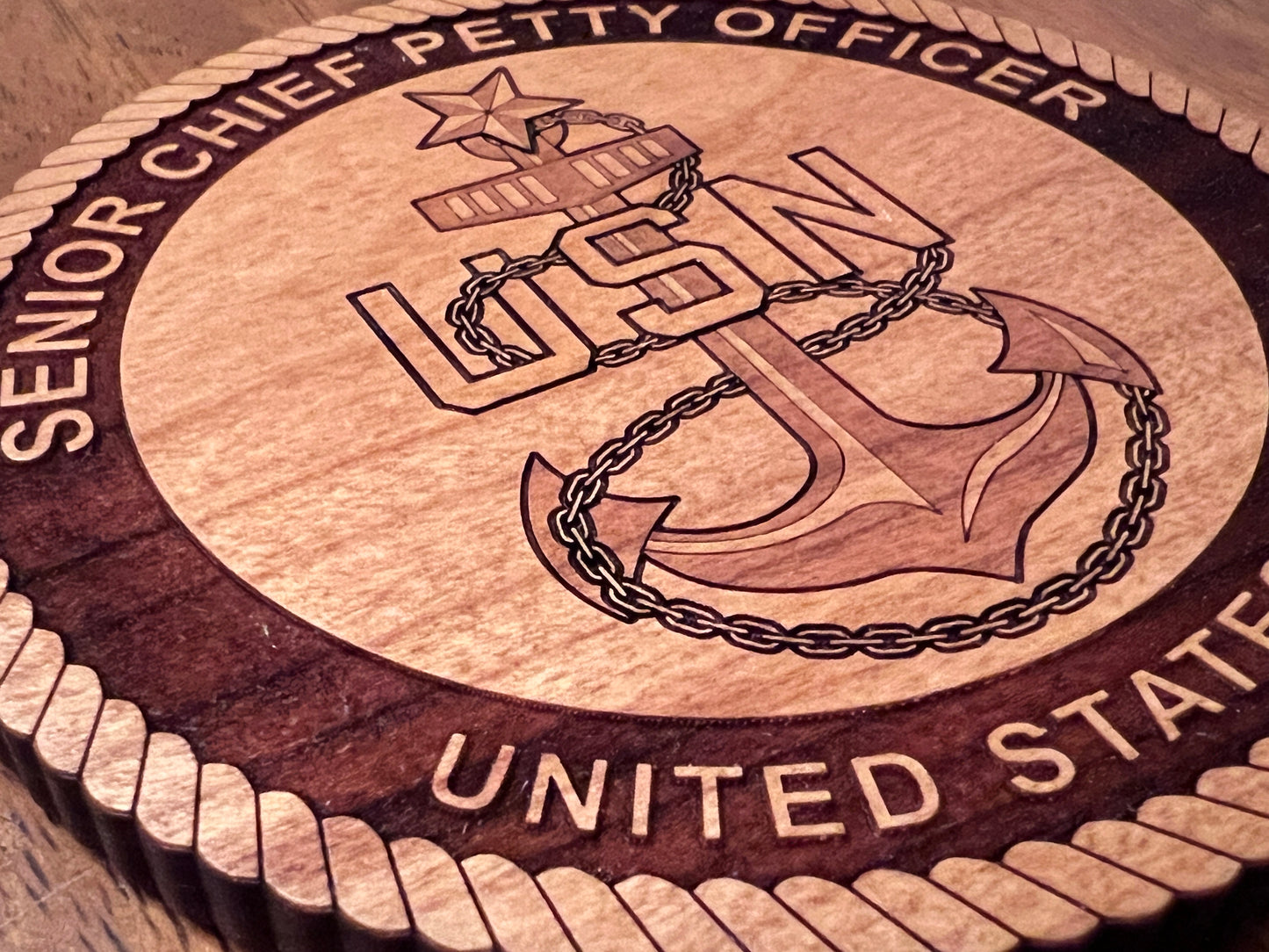 Senior Chief Petty Officer (SCPO) Fouled Anchor Laser Engraved Cherry Wood Coaster – Navy Pride & Tradition – Solid Wood Navy Gift