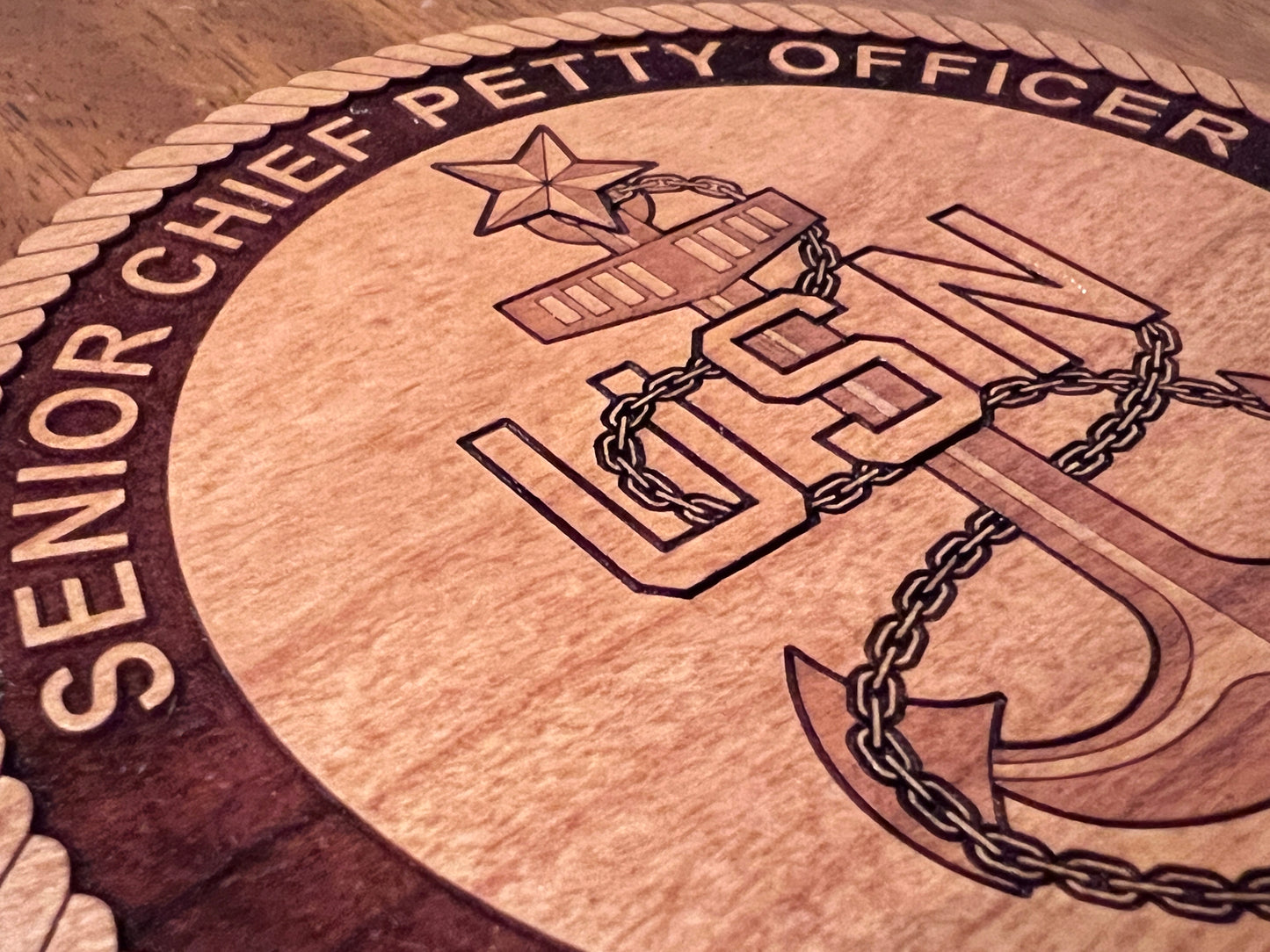 Senior Chief Petty Officer (SCPO) Fouled Anchor Laser Engraved Cherry Wood Coaster – Navy Pride & Tradition – Solid Wood Navy Gift