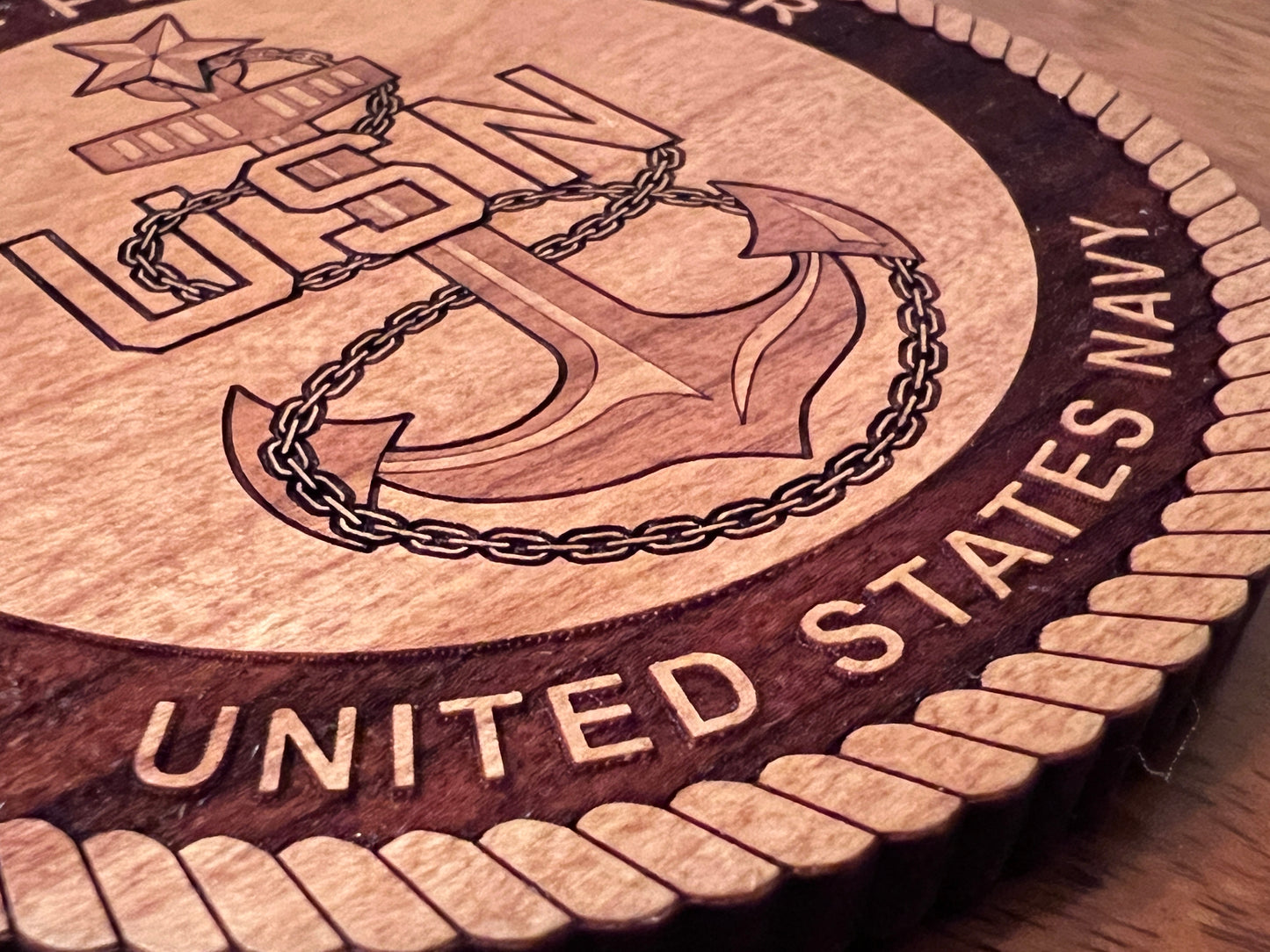Senior Chief Petty Officer (SCPO) Fouled Anchor Laser Engraved Cherry Wood Coaster – Navy Pride & Tradition – Solid Wood Navy Gift