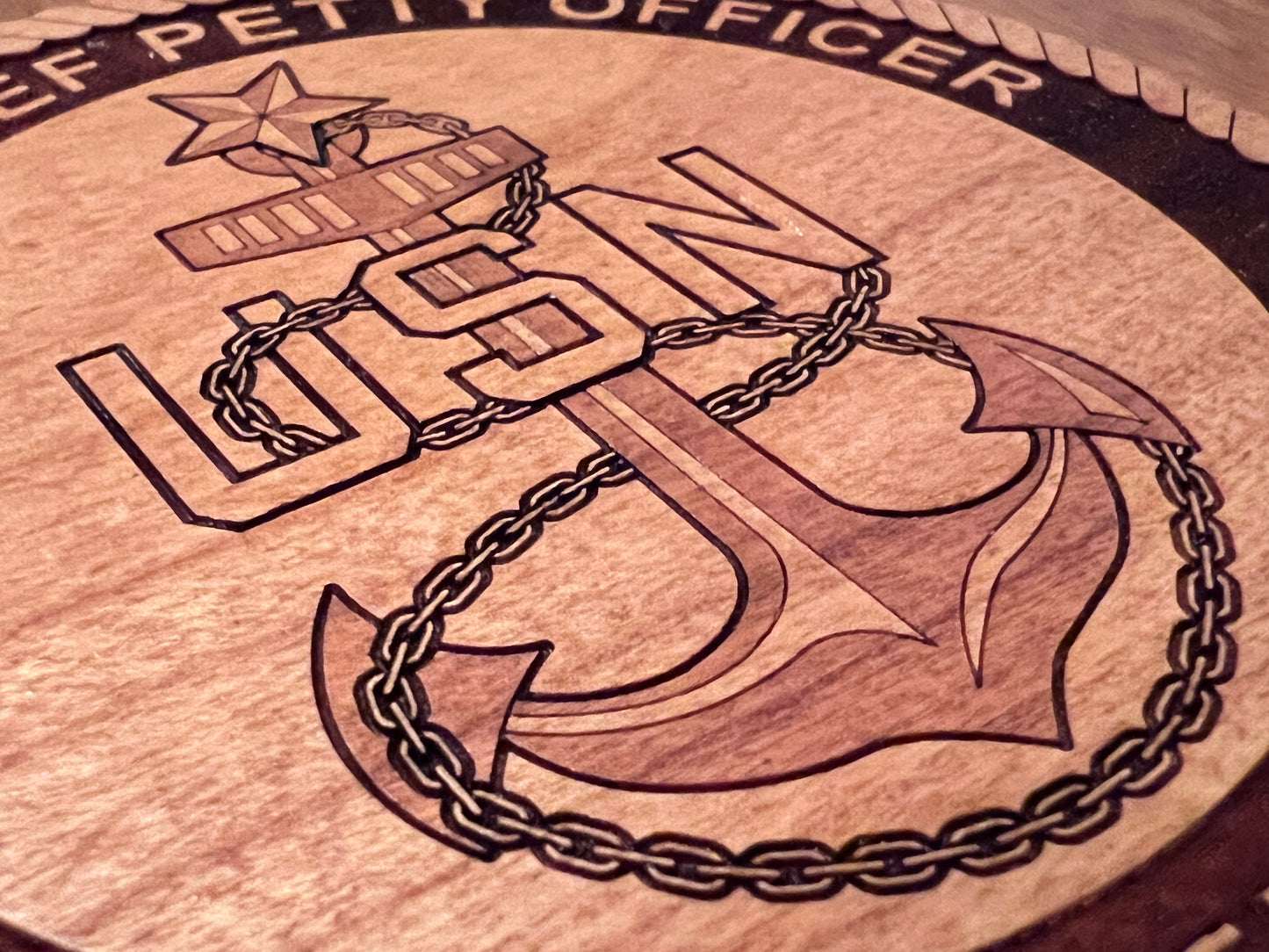 Senior Chief Petty Officer (SCPO) Fouled Anchor Laser Engraved Cherry Wood Coaster – Navy Pride & Tradition – Solid Wood Navy Gift