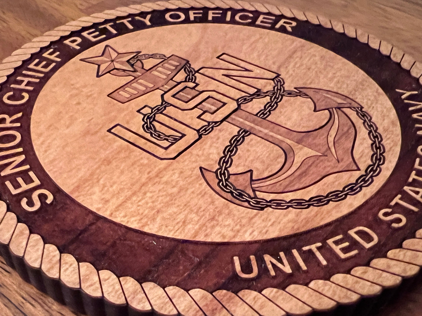 Senior Chief Petty Officer (SCPO) Fouled Anchor Laser Engraved Cherry Wood Coaster – Navy Pride & Tradition – Solid Wood Navy Gift