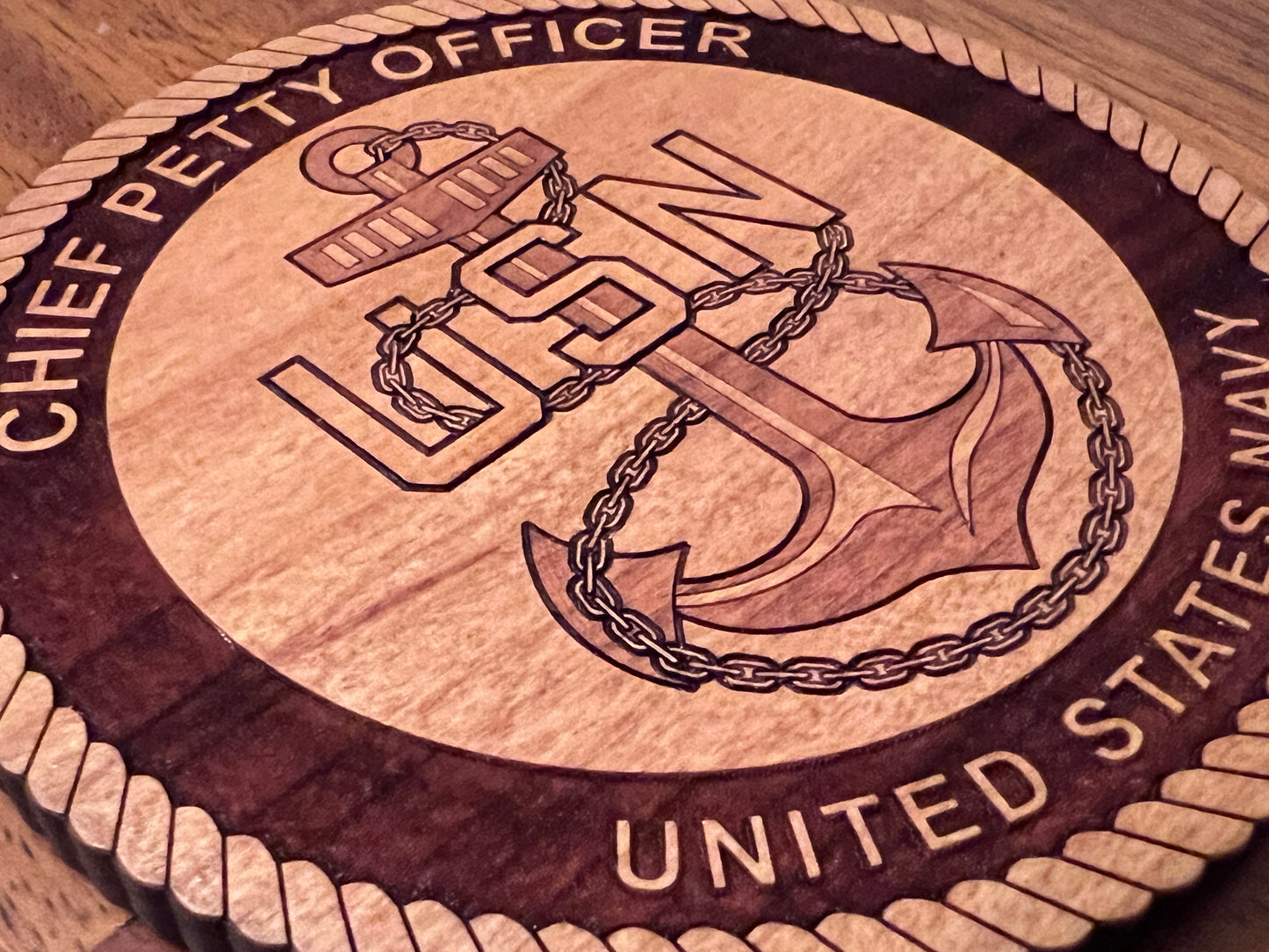 Chief Petty Officer (CPO) Fouled Anchor Laser Engraved Cherry Wood Coaster – Navy Pride & Tradition – Solid Wood Navy Gift