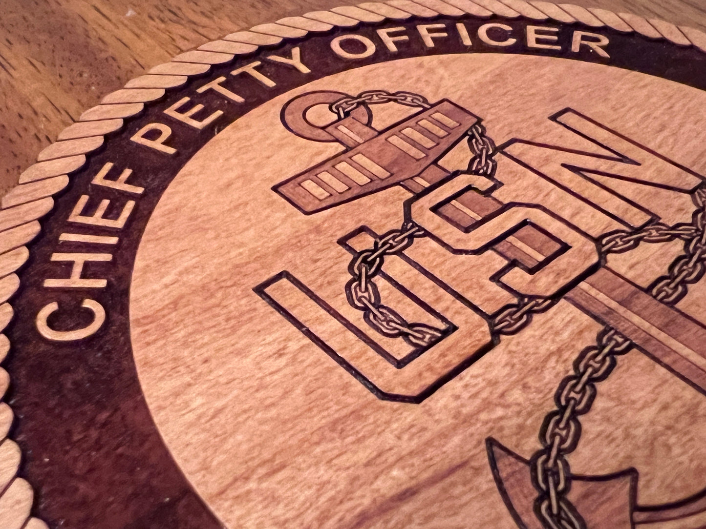 Chief Petty Officer (CPO) Fouled Anchor Laser Engraved Cherry Wood Coaster – Navy Pride & Tradition – Solid Wood Navy Gift