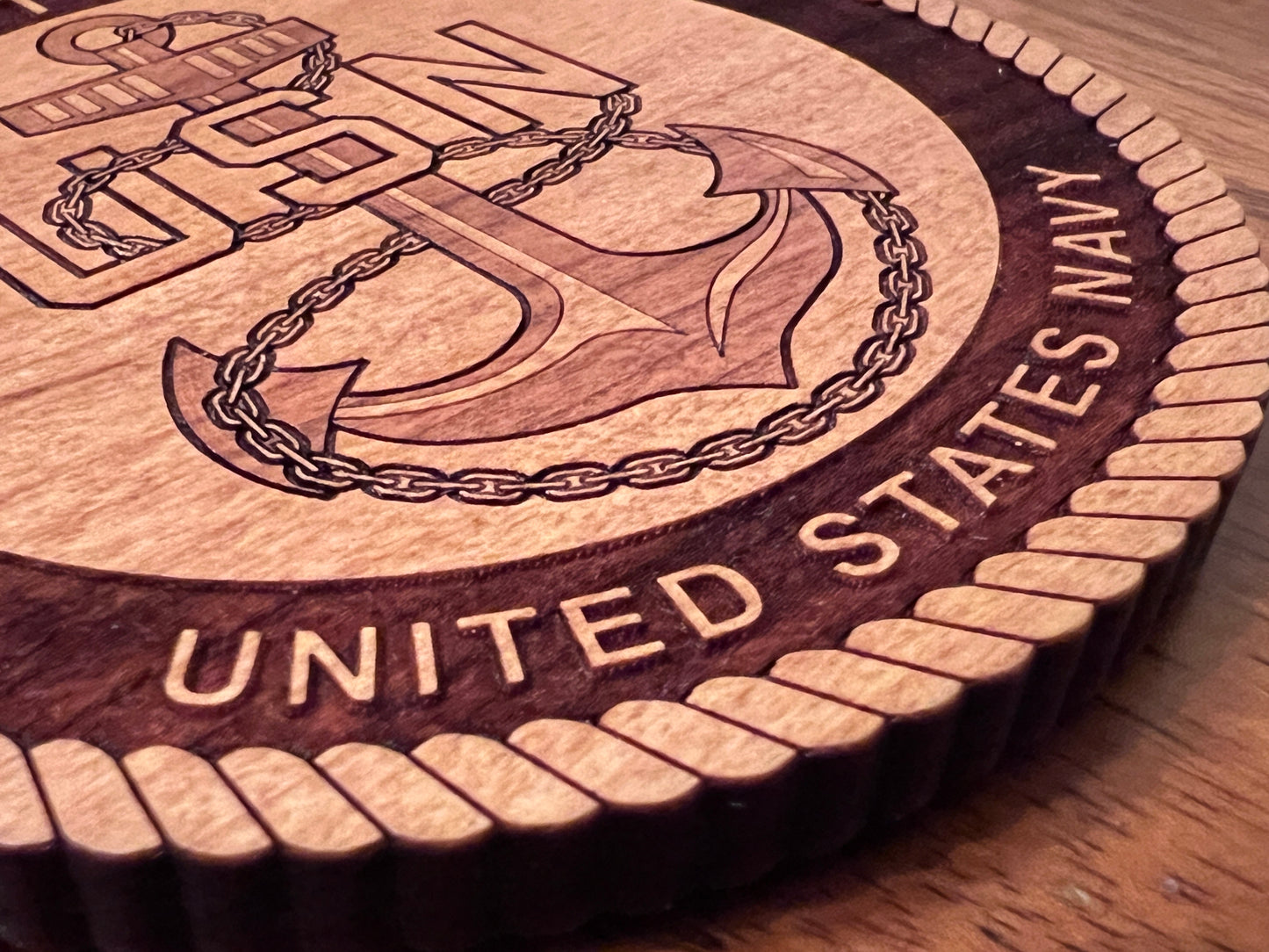 Chief Petty Officer (CPO) Fouled Anchor Laser Engraved Cherry Wood Coaster – Navy Pride & Tradition – Solid Wood Navy Gift