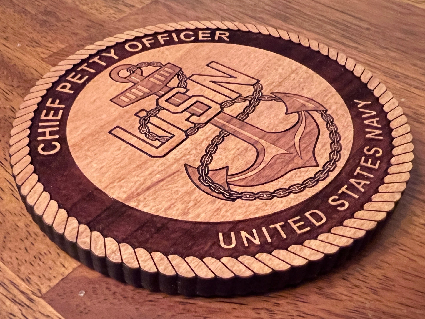 Chief Petty Officer (CPO) Fouled Anchor Laser Engraved Cherry Wood Coaster – Navy Pride & Tradition – Solid Wood Navy Gift