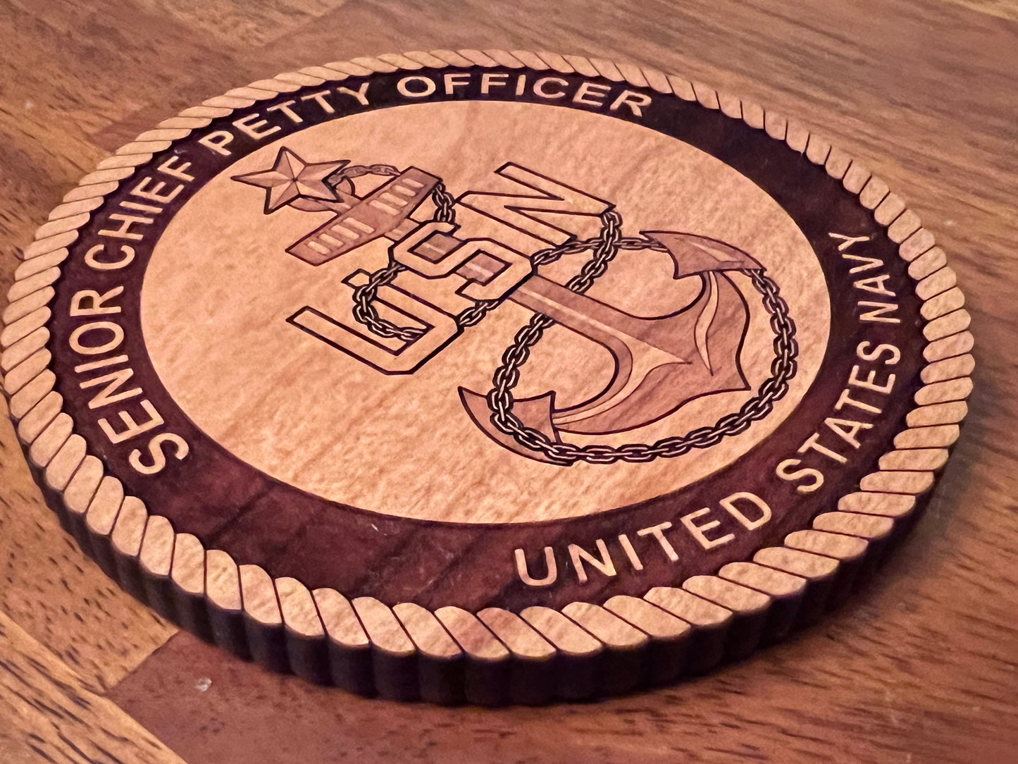 Senior Chief Petty Officer (SCPO) Fouled Anchor Laser Engraved Cherry Wood Coaster – Navy Pride & Tradition – Solid Wood Navy Gift