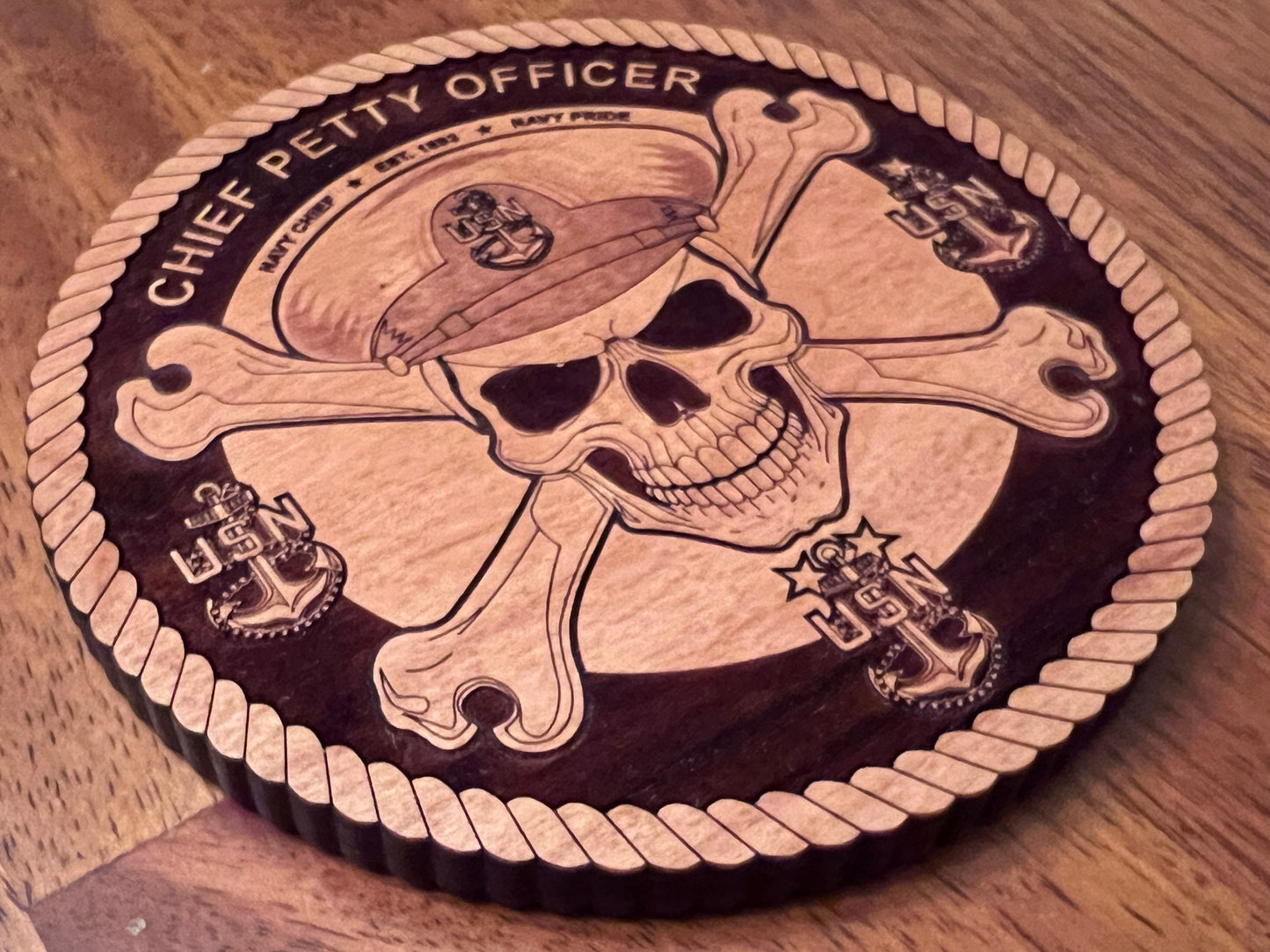 Chief Petty Officer (CPO) Skull and Crossbones Laser Engraved Cherry Wood Coaster – Navy Pride & Tradition – Solid Wood Navy Gift