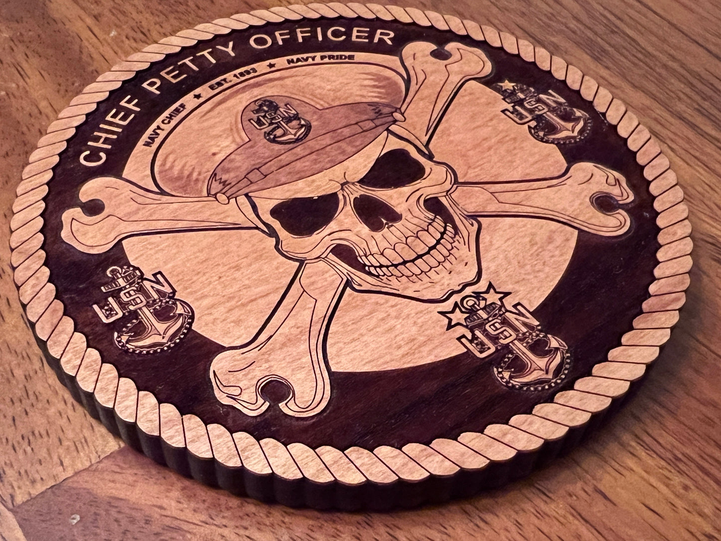 Chief Petty Officer (CPO) Skull and Crossbones Laser Engraved Cherry Wood Coaster – Navy Pride & Tradition – Solid Wood Navy Gift
