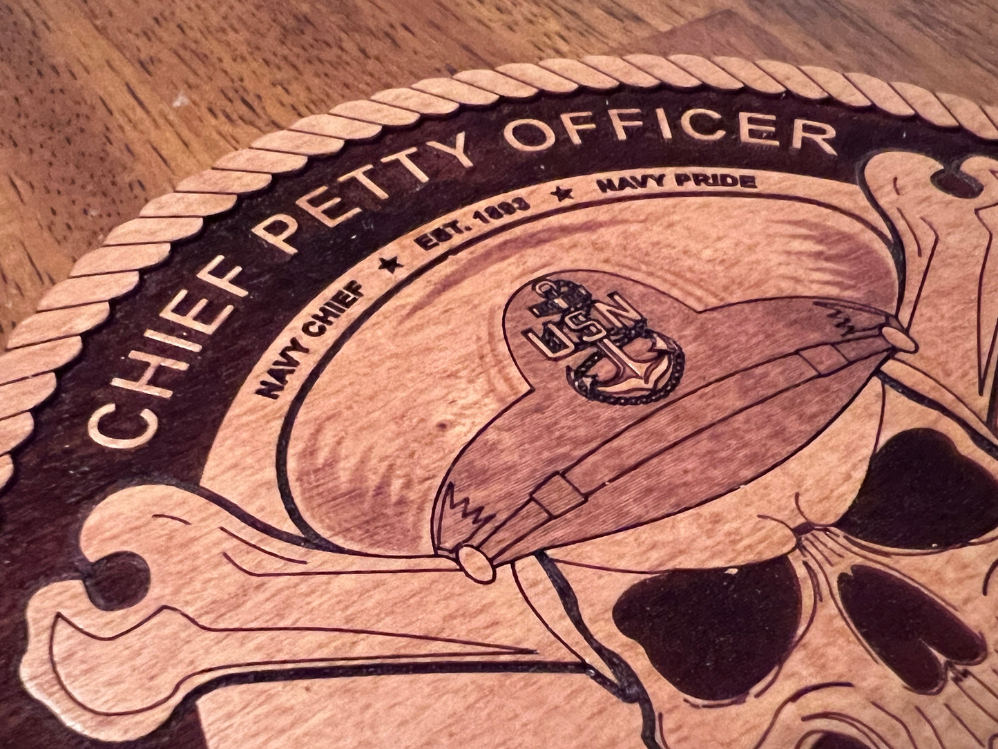 Chief Petty Officer (CPO) Skull and Crossbones Laser Engraved Cherry Wood Coaster – Navy Pride & Tradition – Solid Wood Navy Gift