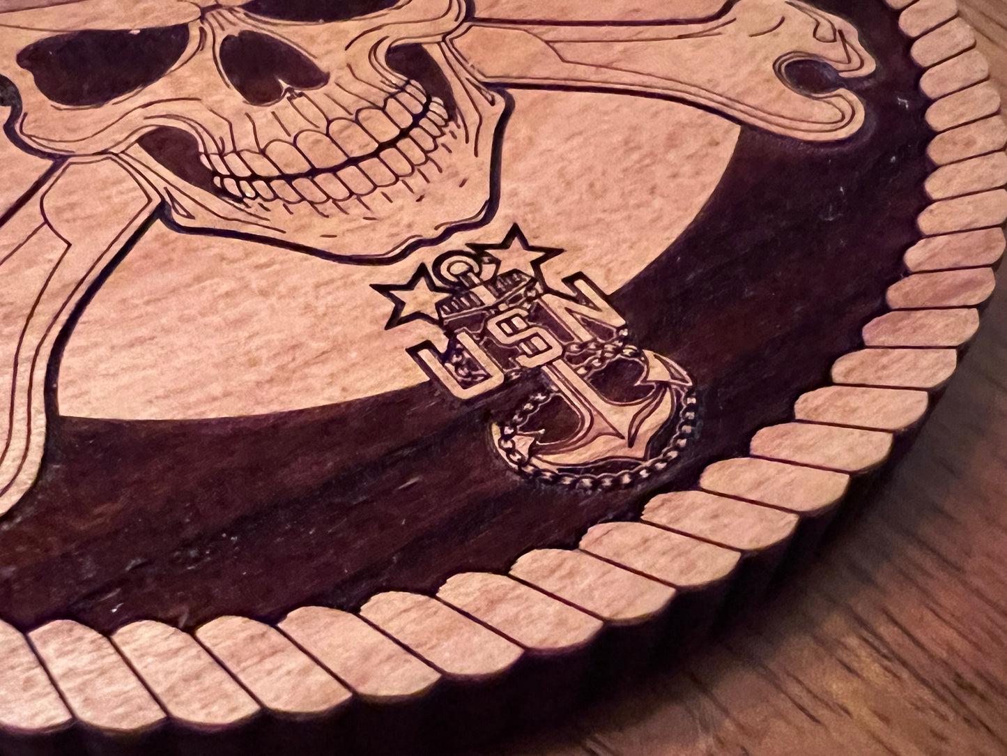 Chief Petty Officer (CPO) Skull and Crossbones Laser Engraved Cherry Wood Coaster – Navy Pride & Tradition – Solid Wood Navy Gift