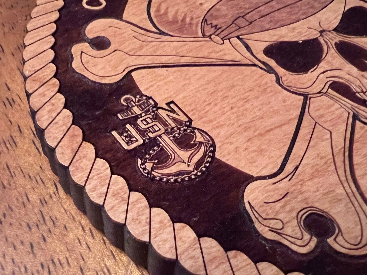 Chief Petty Officer (CPO) Skull and Crossbones Laser Engraved Cherry Wood Coaster – Navy Pride & Tradition – Solid Wood Navy Gift