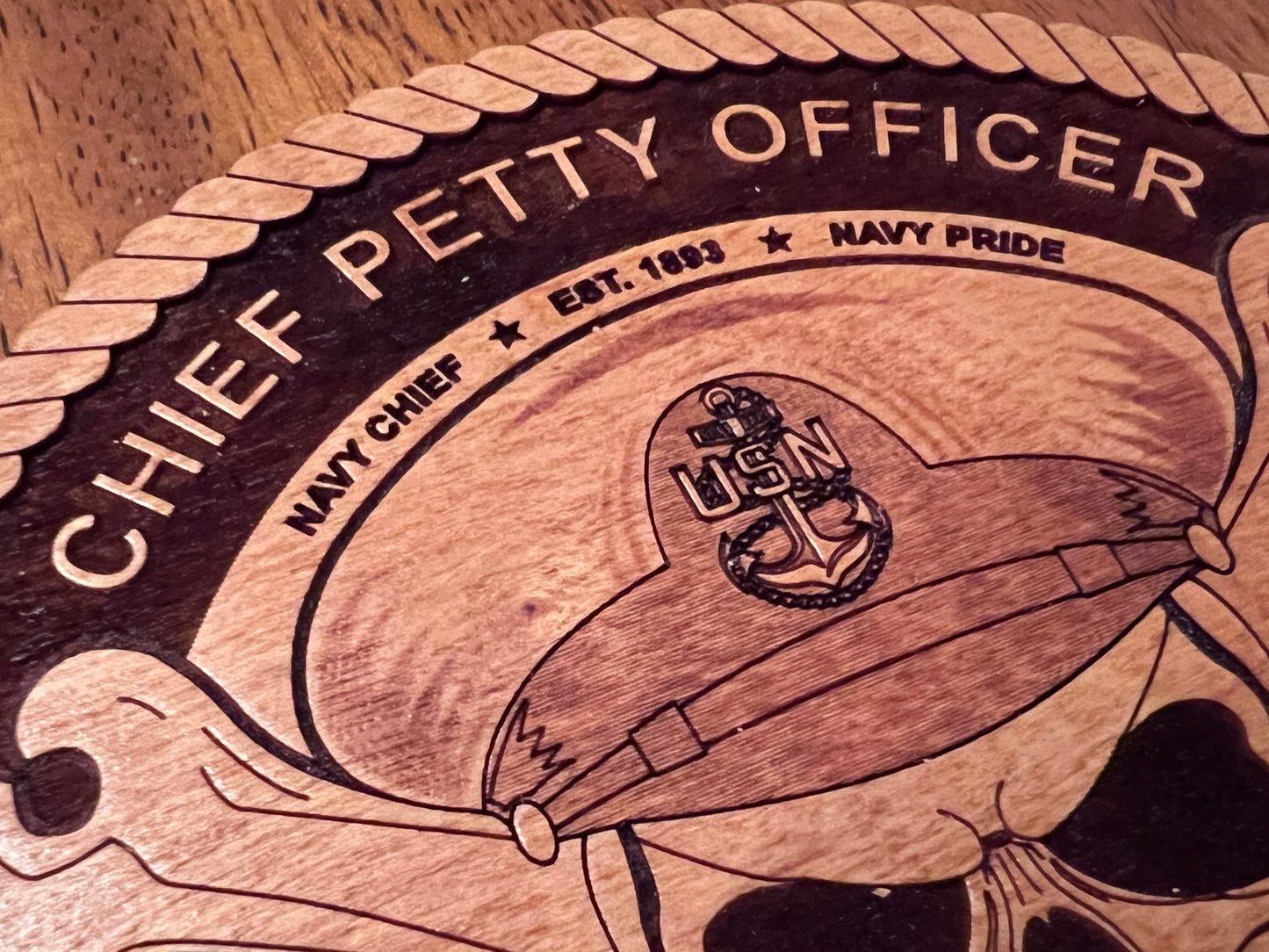 Chief Petty Officer (CPO) Skull and Crossbones Laser Engraved Cherry Wood Coaster – Navy Pride & Tradition – Solid Wood Navy Gift