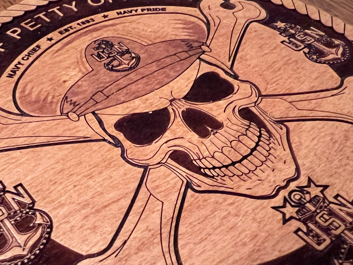 Chief Petty Officer (CPO) Skull and Crossbones Laser Engraved Cherry Wood Coaster – Navy Pride & Tradition – Solid Wood Navy Gift