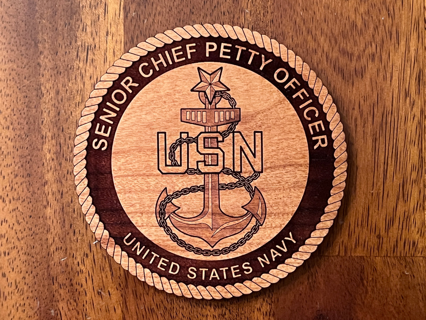 Senior Chief Petty Officer (SCPO) Fouled Anchor Laser Engraved Cherry Wood Coaster – Navy Pride & Tradition – Solid Wood Navy Gift