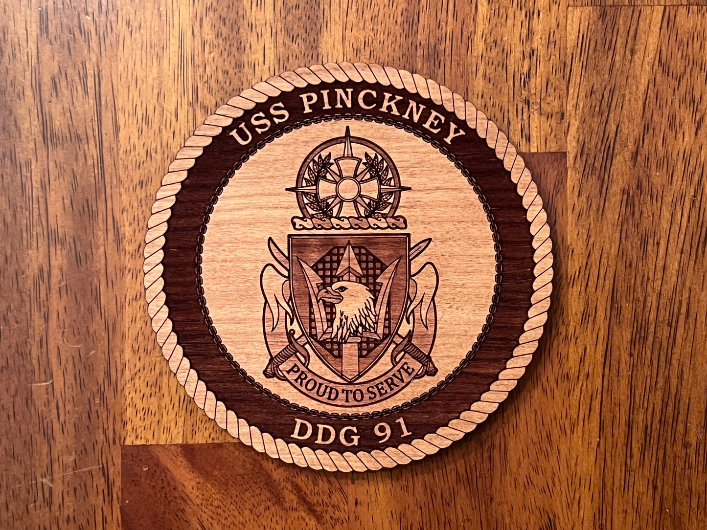 USS Pinckney (DDG 91) Laser Engraved Cherry Wood Coaster – Solid Wood Navy Gift