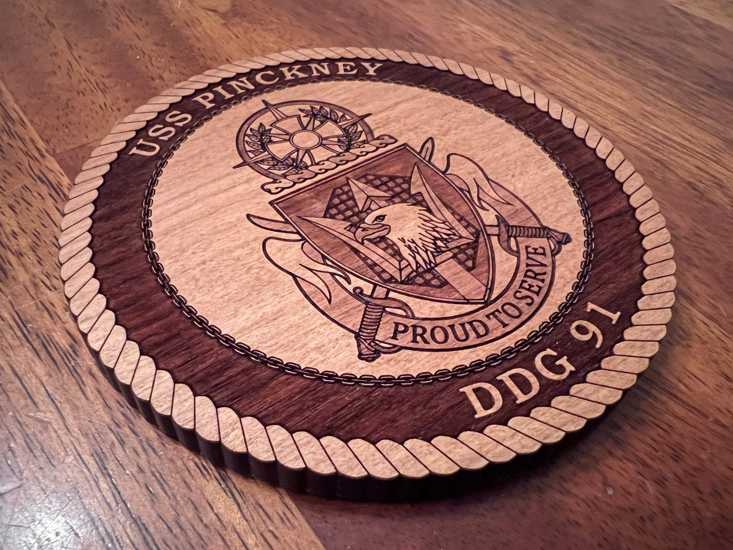 USS Pinckney (DDG 91) Laser Engraved Cherry Wood Coaster – Solid Wood Navy Gift