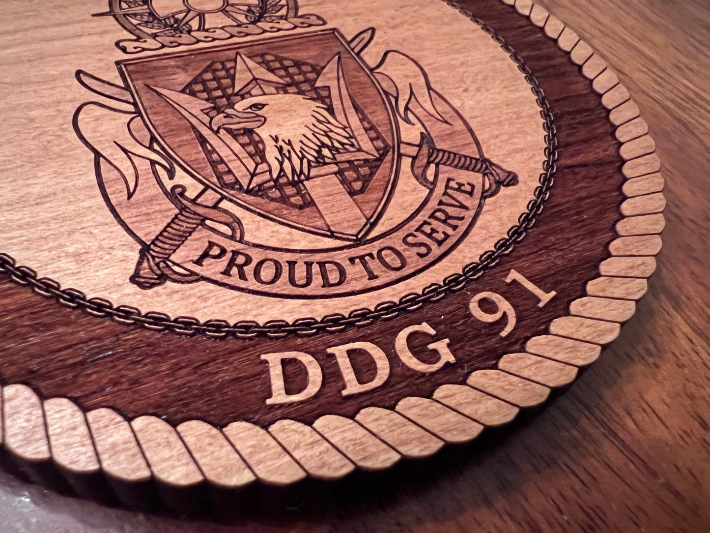 USS Pinckney (DDG 91) Laser Engraved Cherry Wood Coaster – Solid Wood Navy Gift