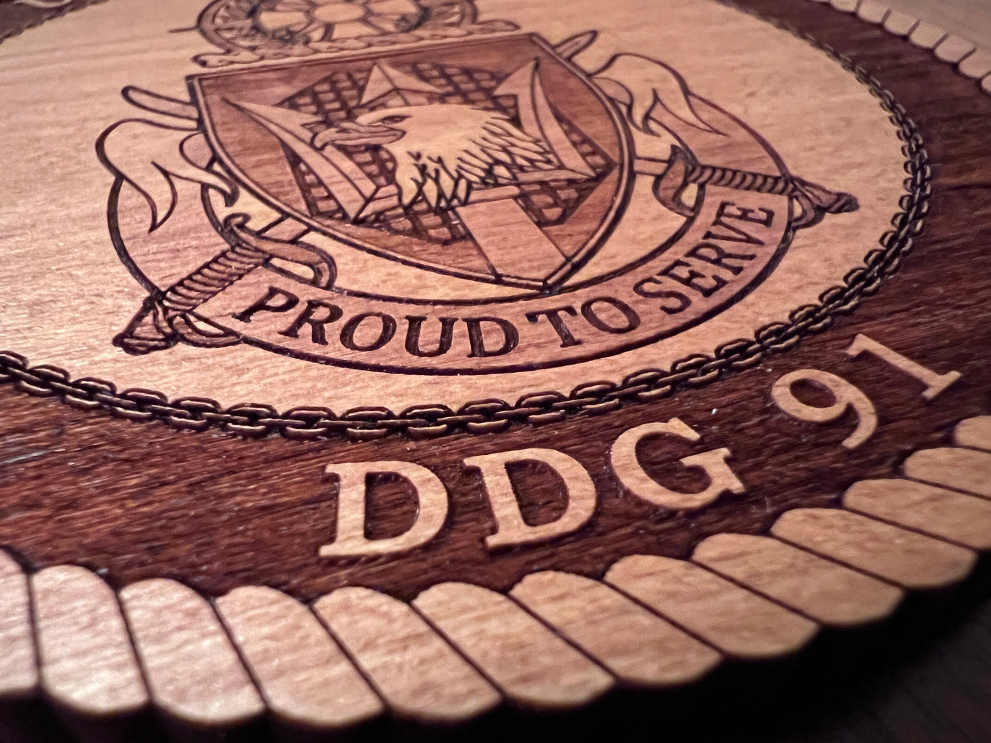 USS Pinckney (DDG 91) Laser Engraved Cherry Wood Coaster – Solid Wood Navy Gift