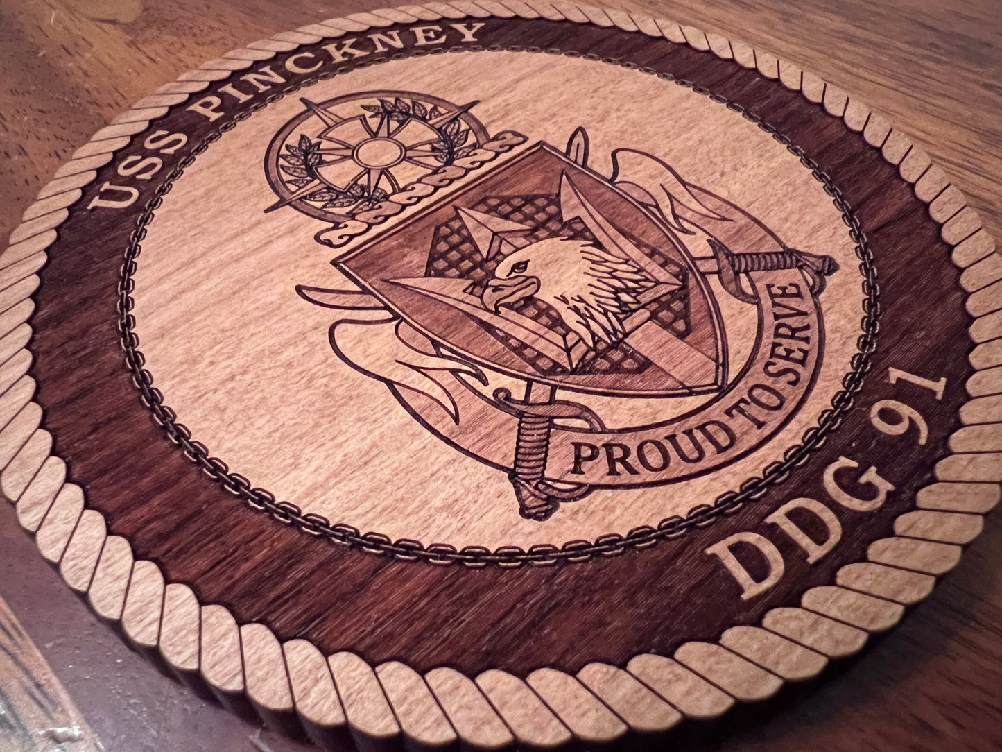 USS Pinckney (DDG 91) Laser Engraved Cherry Wood Coaster – Solid Wood Navy Gift