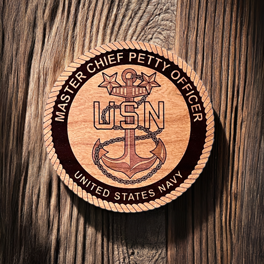 Master Chief Petty Officer (MCPO) Solid Cherry Coaster with fowled anchor and two stars