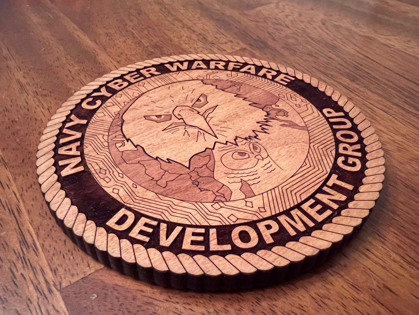 Navy Cyber Warfare Development Group (NCWDG) Laser Engraved Cherry Wood Coaster โ Solid Wood Navy Gift