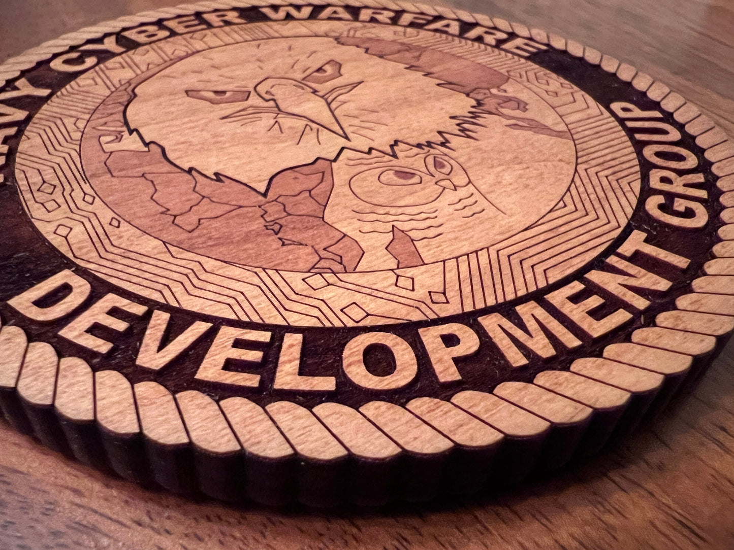 Navy Cyber Warfare Development Group (NCWDG) Laser Engraved Cherry Wood Coaster โ Solid Wood Navy Gift