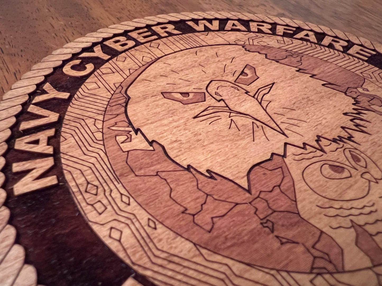 Navy Cyber Warfare Development Group (NCWDG) Laser Engraved Cherry Wood Coaster โ Solid Wood Navy Gift