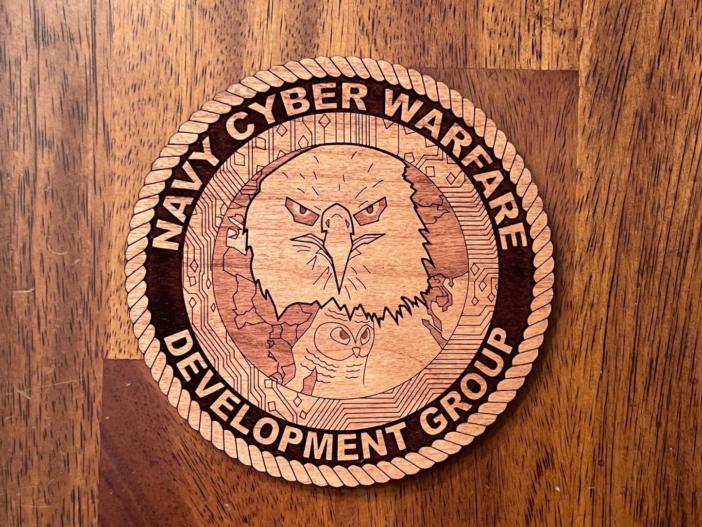 Navy Cyber Warfare Development Group (NCWDG) Laser Engraved Cherry Wood Coaster โ Solid Wood Navy Gift