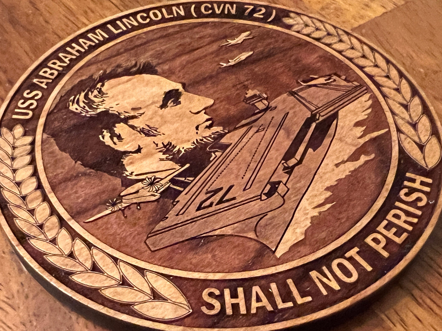 USS Abraham Lincoln (CVN 72) Coaster – US Navy Aircraft Carrier – Laser Engraved Cherry Wood Coaster – Solid Wood Navy Gift