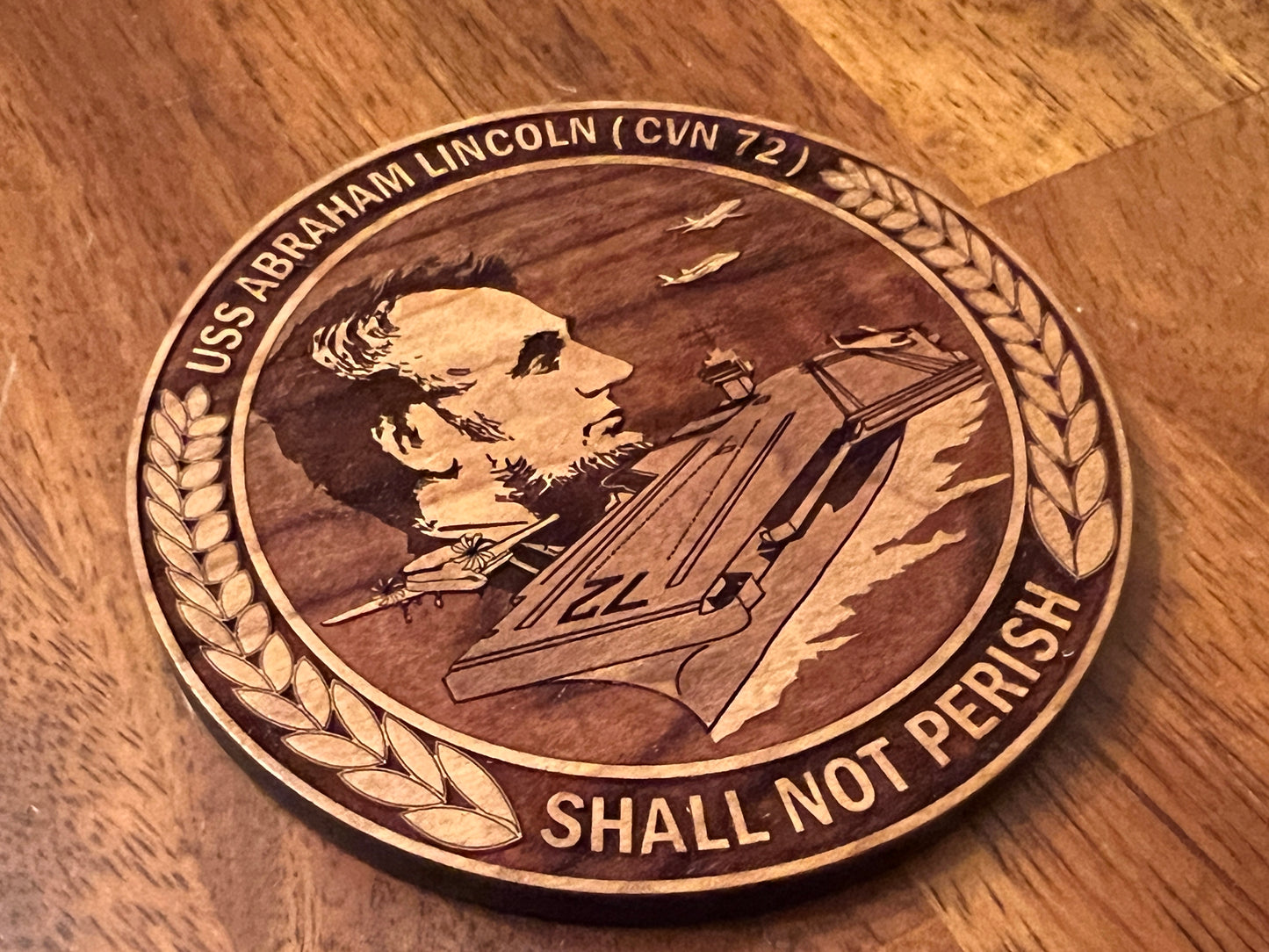 USS Abraham Lincoln (CVN 72) Coaster – US Navy Aircraft Carrier – Laser Engraved Cherry Wood Coaster – Solid Wood Navy Gift