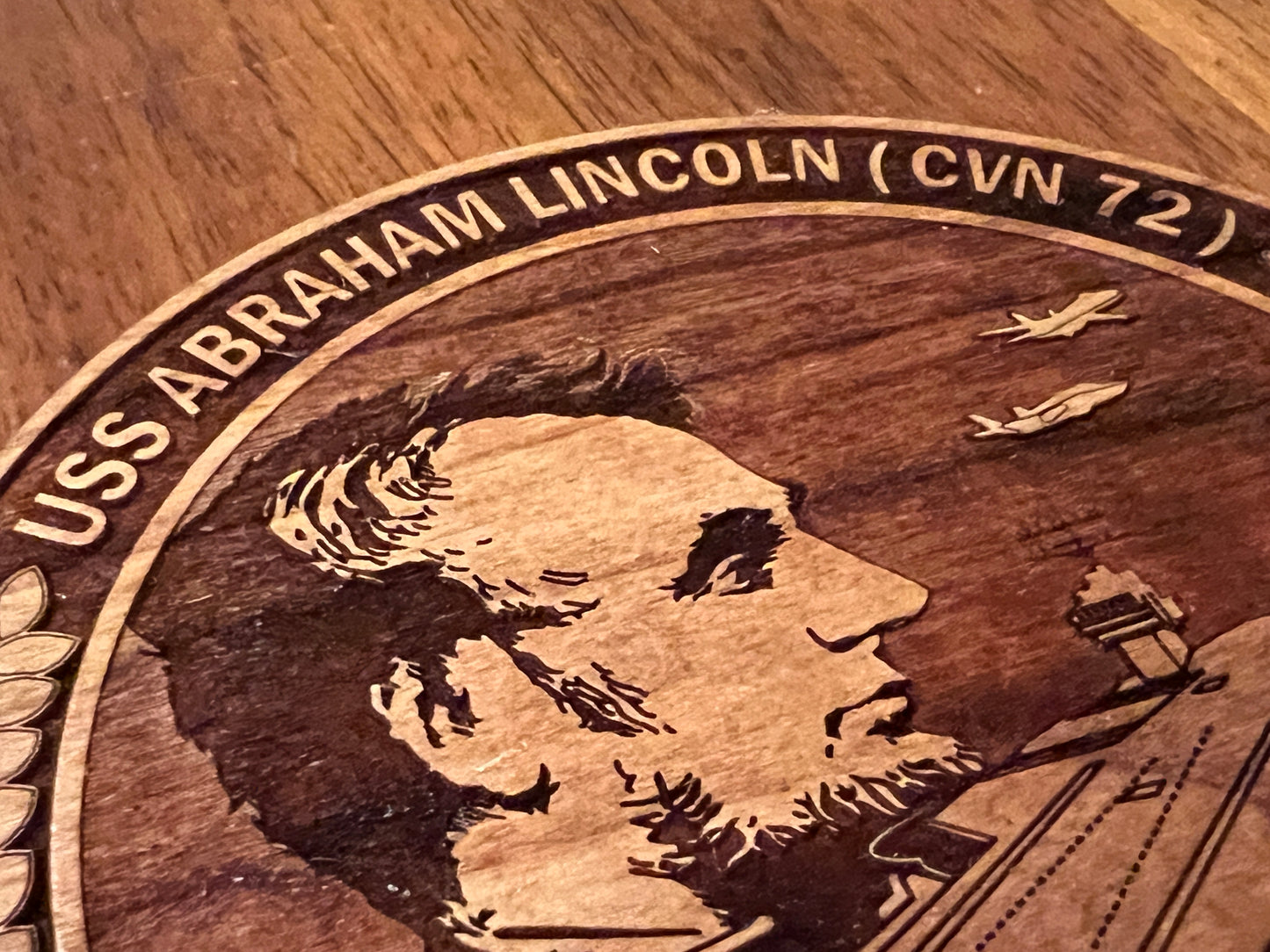 USS Abraham Lincoln (CVN 72) Coaster – US Navy Aircraft Carrier – Laser Engraved Cherry Wood Coaster – Solid Wood Navy Gift