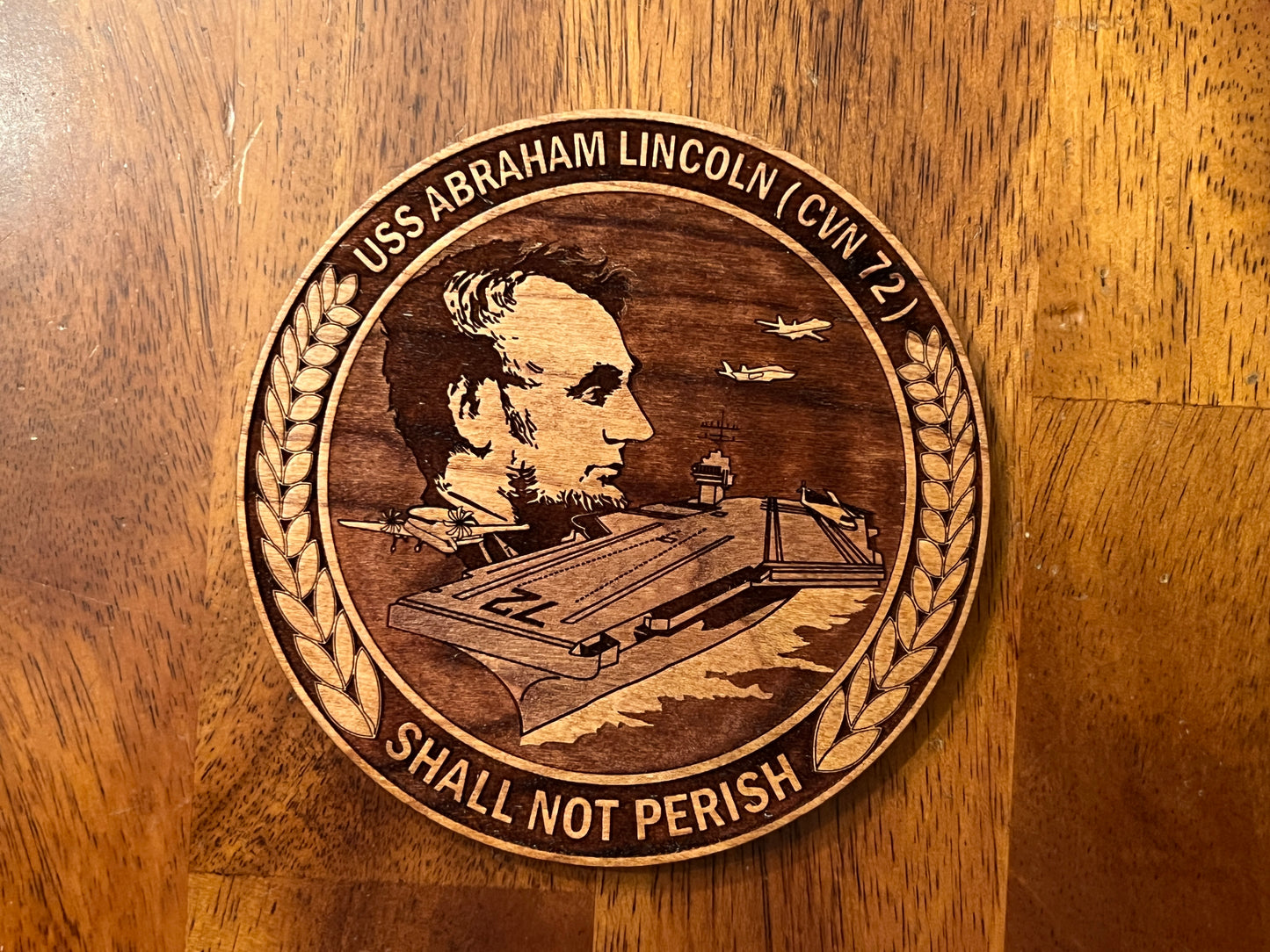 USS Abraham Lincoln (CVN 72) Coaster – US Navy Aircraft Carrier – Laser Engraved Cherry Wood Coaster – Solid Wood Navy Gift