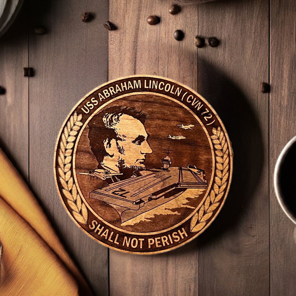 USS Abraham Lincoln (CVN 72) Coaster – US Navy Aircraft Carrier – Laser Engraved Cherry Wood Coaster – Solid Wood Navy Gift