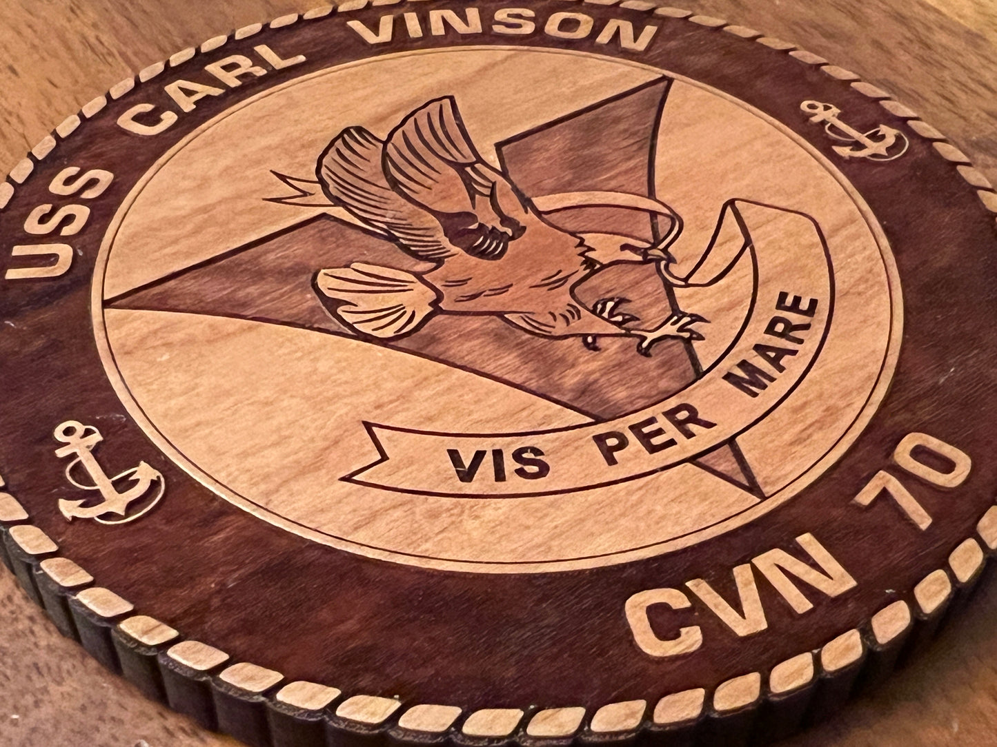 USS Carl Vinson (CVN 70) Coaster – US Navy Aircraft Carrier – Laser Engraved Cherry Wood Coaster – Solid Wood Navy Gift