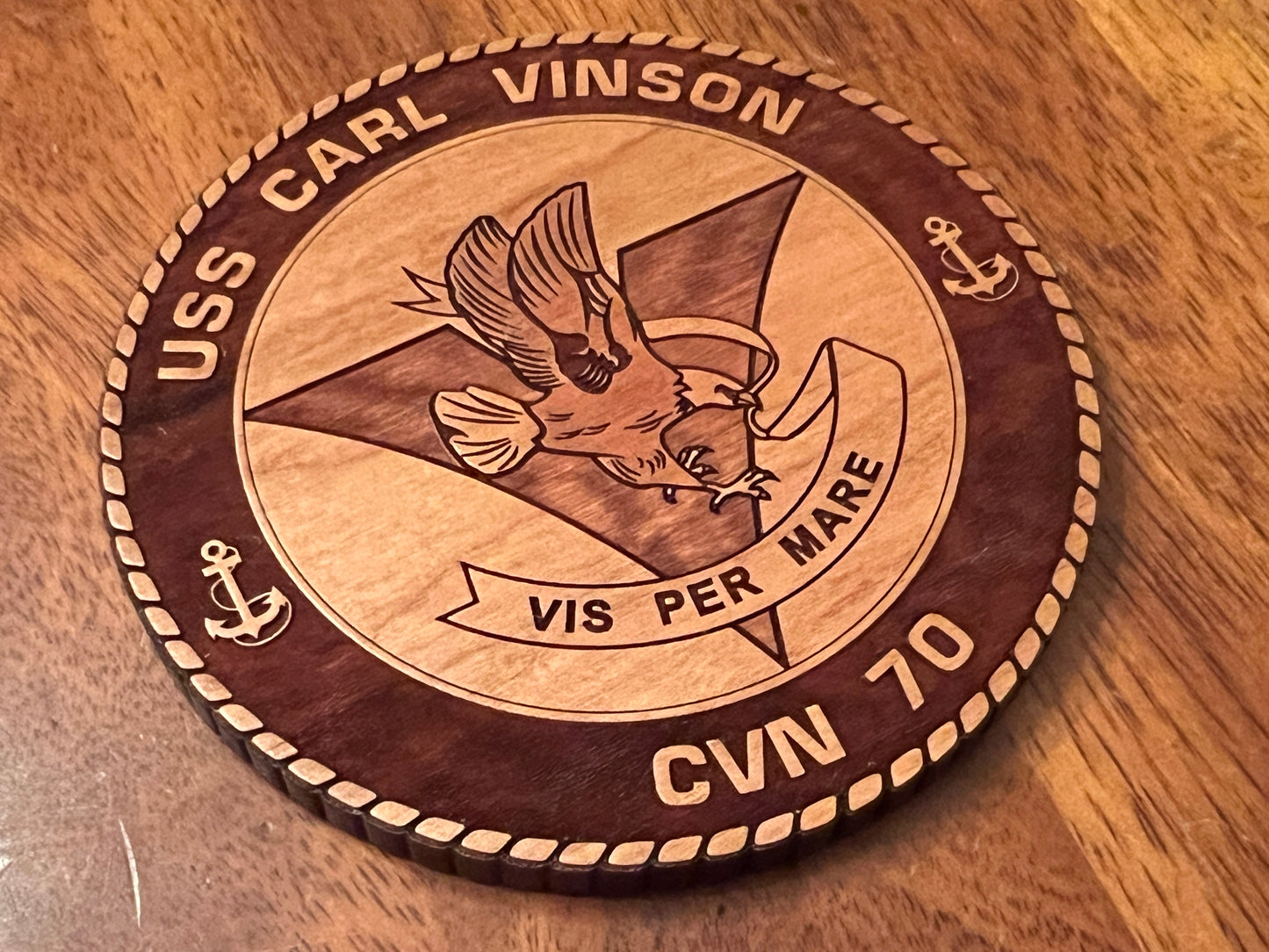 USS Carl Vinson (CVN 70) Coaster – US Navy Aircraft Carrier – Laser Engraved Cherry Wood Coaster – Solid Wood Navy Gift