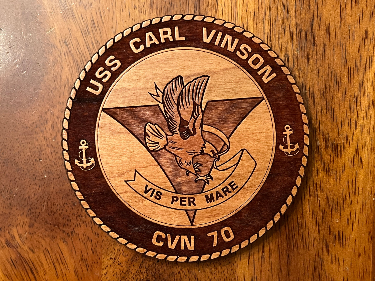 USS Carl Vinson (CVN 70) Coaster – US Navy Aircraft Carrier – Laser Engraved Cherry Wood Coaster – Solid Wood Navy Gift