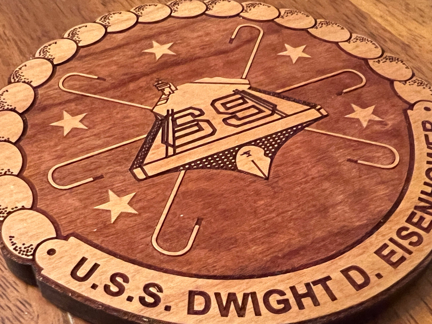 USS Dwight D. Eisenhower (CVN 69) Coaster – US Navy Aircraft Carrier – Laser Engraved Cherry Wood Coaster – Solid Wood Navy Gift