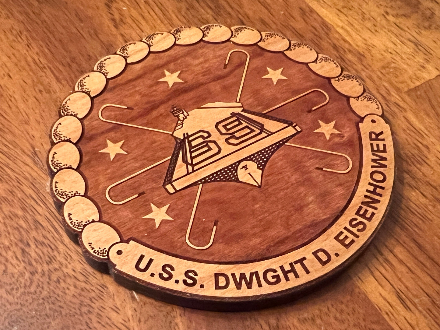 USS Dwight D. Eisenhower (CVN 69) Coaster – US Navy Aircraft Carrier – Laser Engraved Cherry Wood Coaster – Solid Wood Navy Gift
