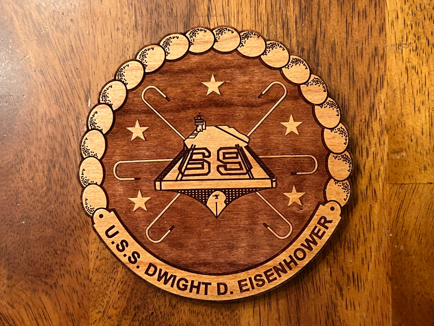 USS Dwight D. Eisenhower (CVN 69) Coaster – US Navy Aircraft Carrier – Laser Engraved Cherry Wood Coaster – Solid Wood Navy Gift