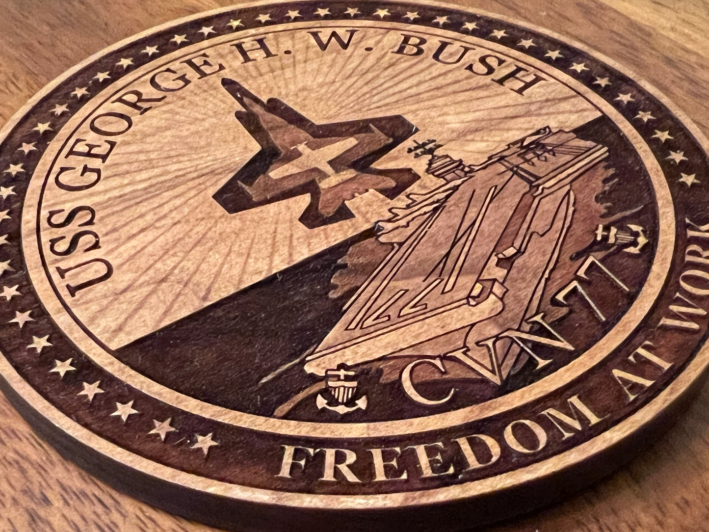 USS George H. W. Bush (CVN 77) Coaster – US Navy Aircraft Carrier – Laser Engraved Cherry Wood Coaster – Solid Wood Navy Gift