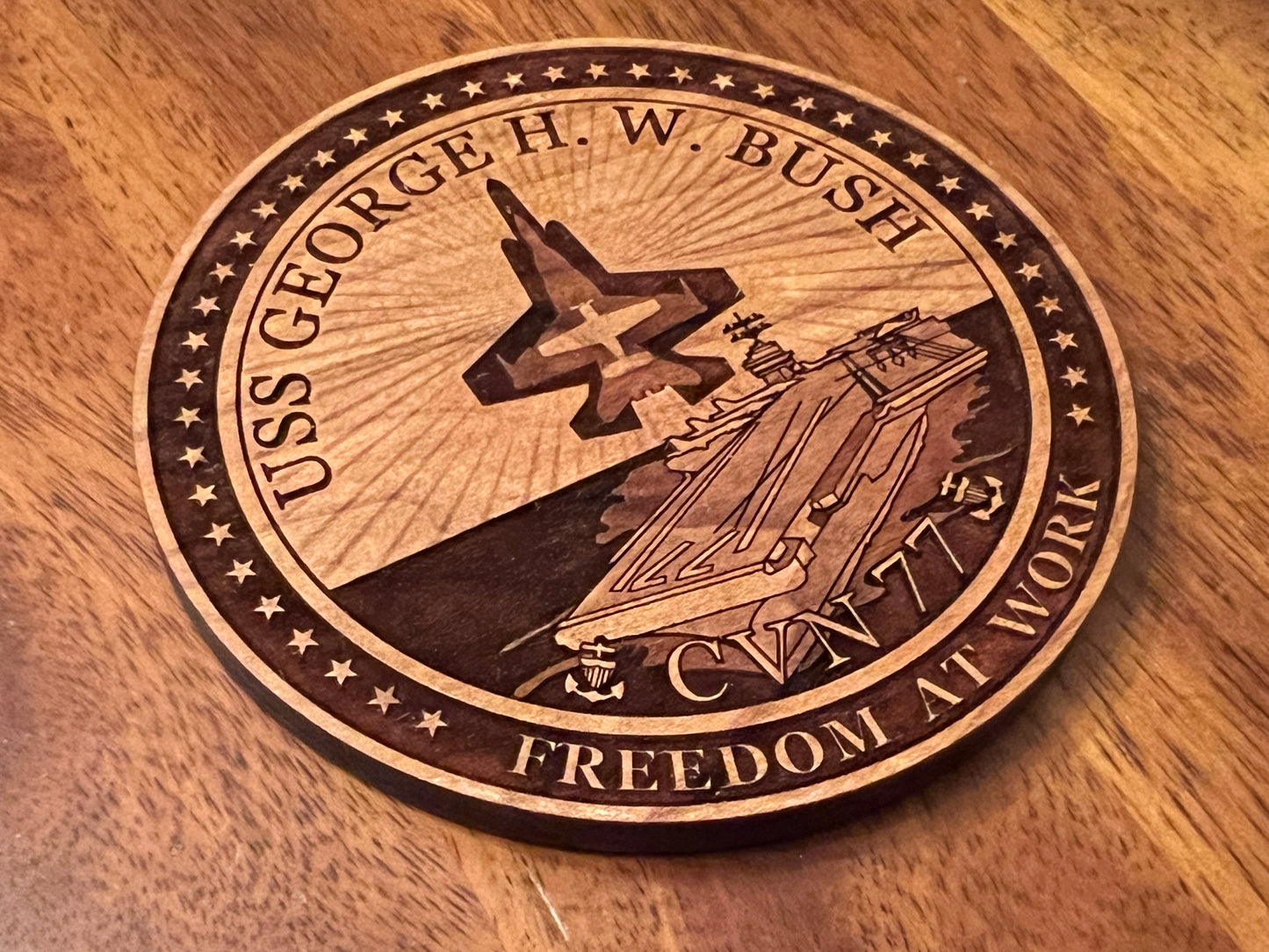 USS George H. W. Bush (CVN 77) Coaster – US Navy Aircraft Carrier – Laser Engraved Cherry Wood Coaster – Solid Wood Navy Gift
