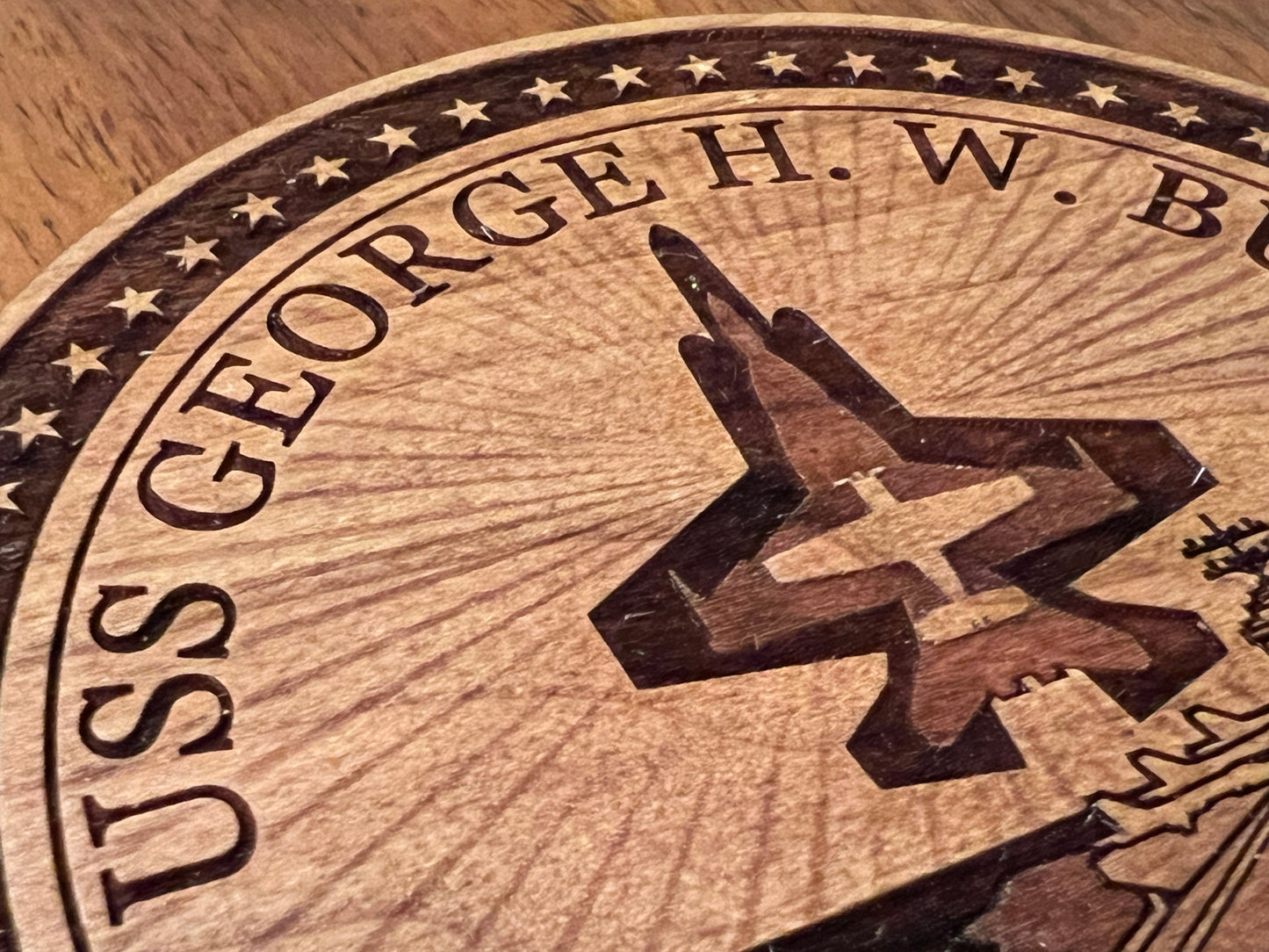 USS George H. W. Bush (CVN 77) Coaster – US Navy Aircraft Carrier – Laser Engraved Cherry Wood Coaster – Solid Wood Navy Gift