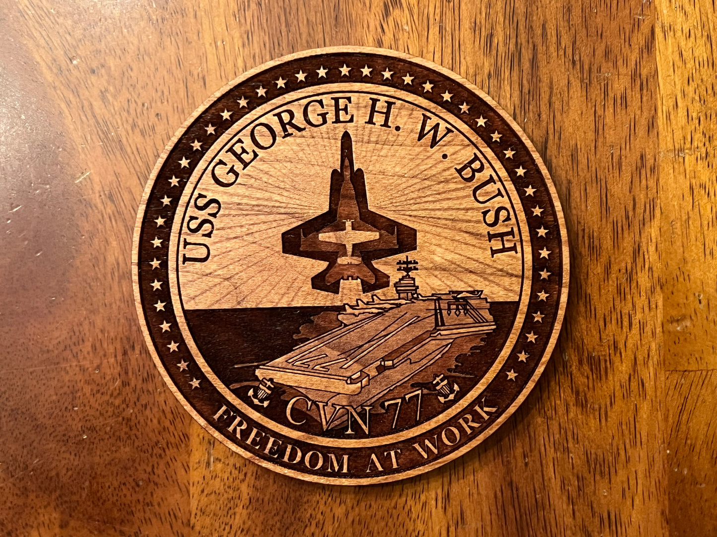 USS George H. W. Bush (CVN 77) Coaster – US Navy Aircraft Carrier – Laser Engraved Cherry Wood Coaster – Solid Wood Navy Gift