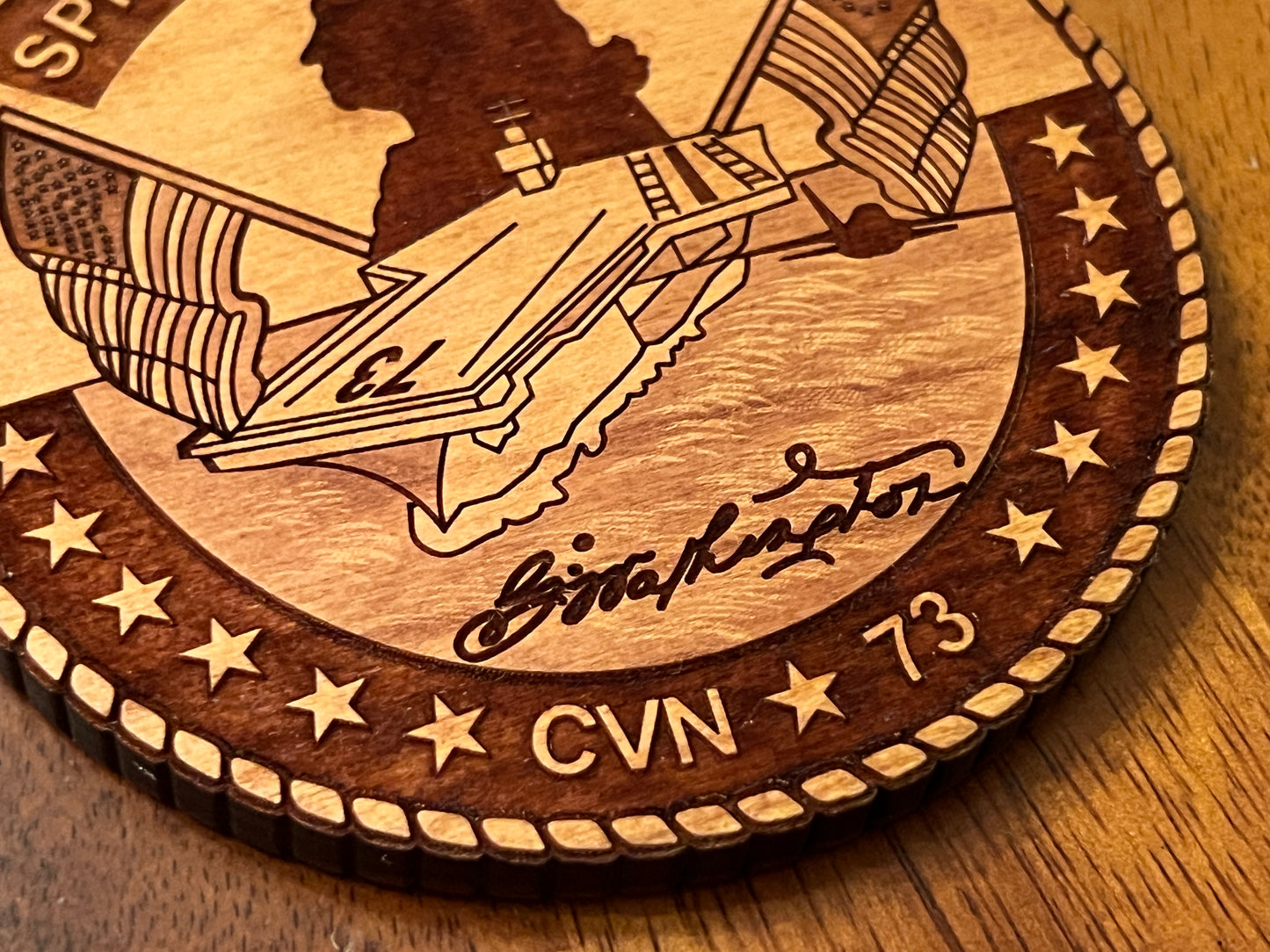 USS George Washington (CVN 73) Coaster – US Navy Aircraft Carrier – Laser Engraved Cherry Wood Coaster – Solid Wood Navy Gift