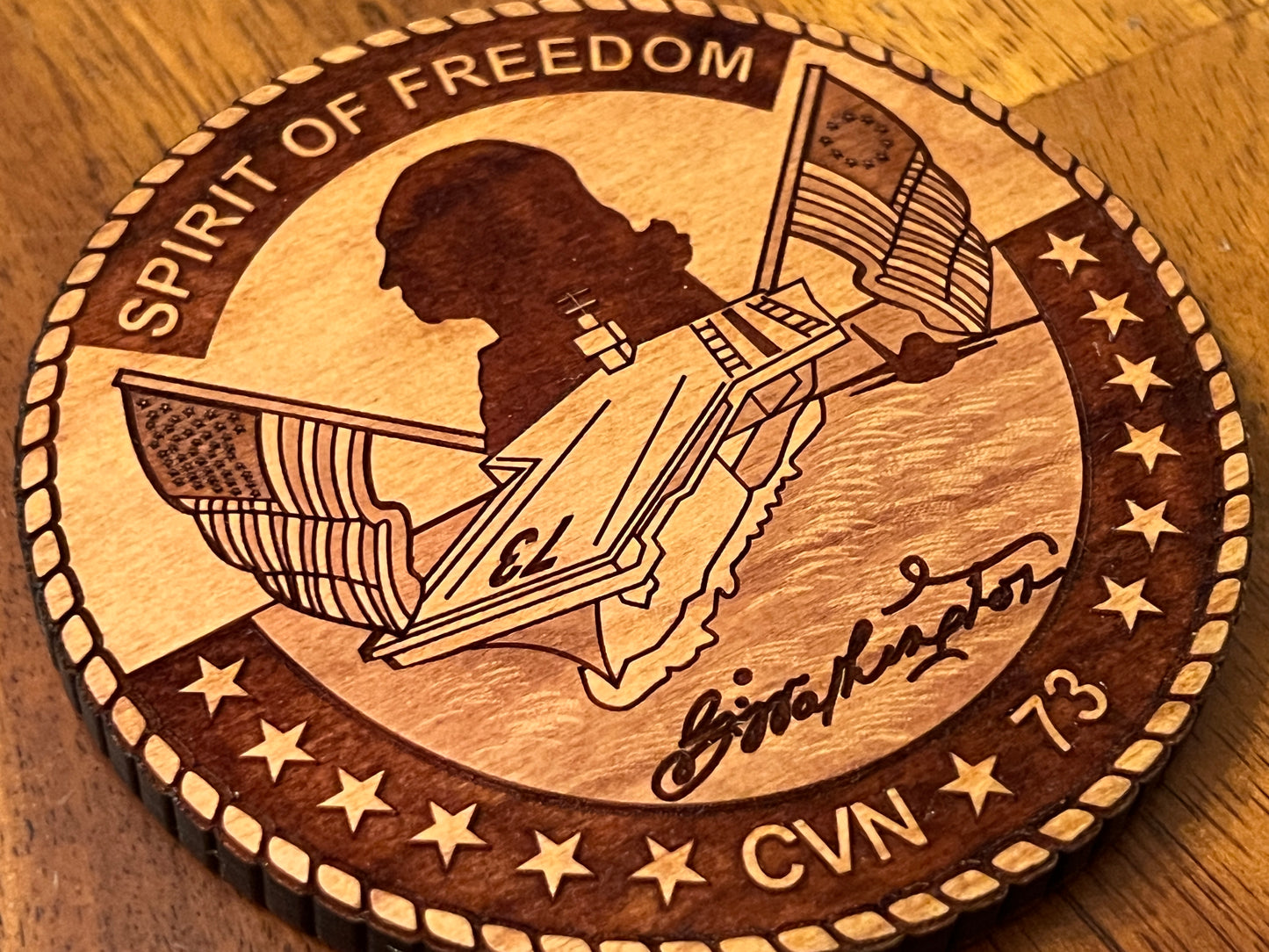 USS George Washington (CVN 73) Coaster – US Navy Aircraft Carrier – Laser Engraved Cherry Wood Coaster – Solid Wood Navy Gift