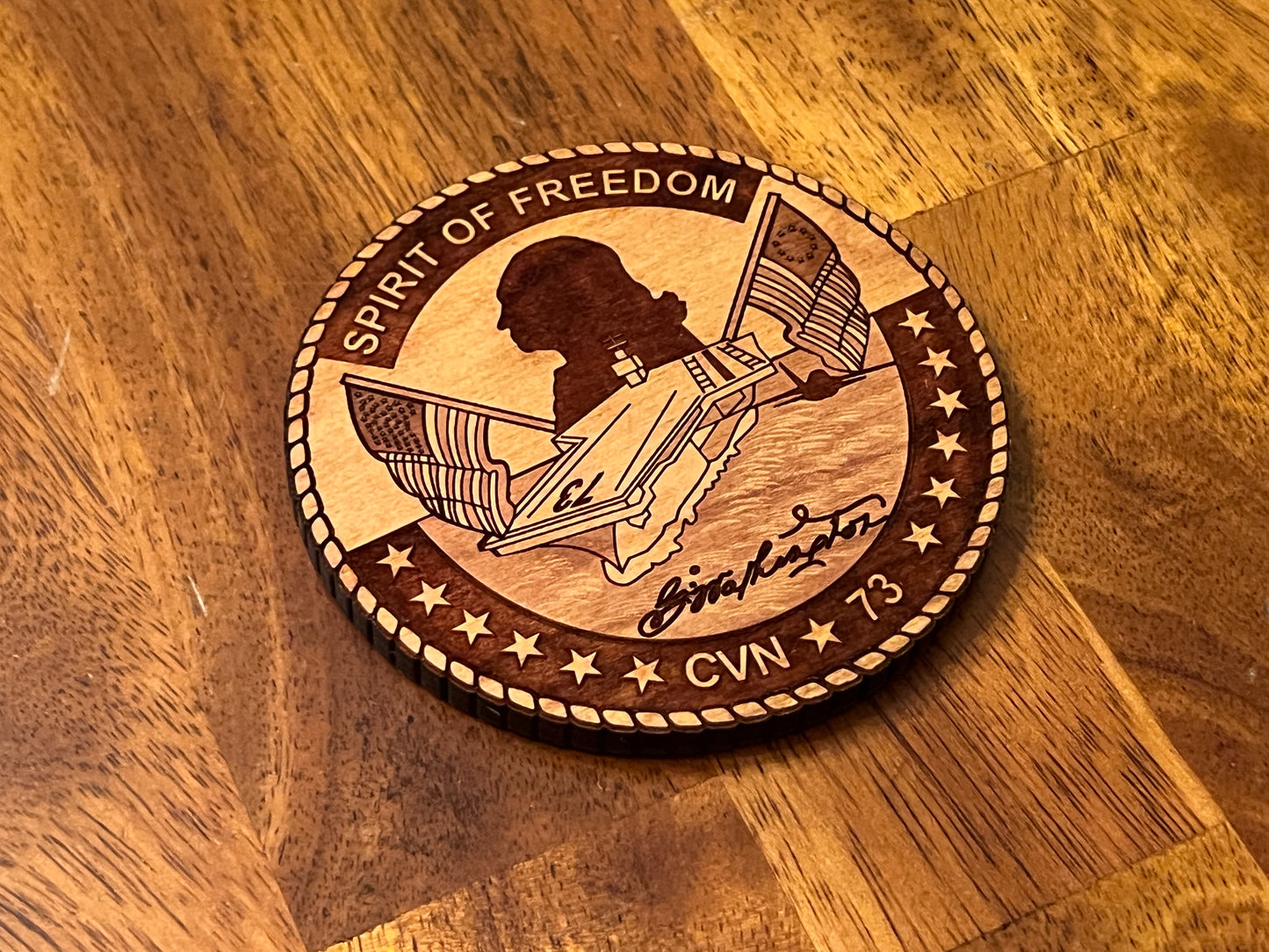 USS George Washington (CVN 73) Coaster – US Navy Aircraft Carrier – Laser Engraved Cherry Wood Coaster – Solid Wood Navy Gift
