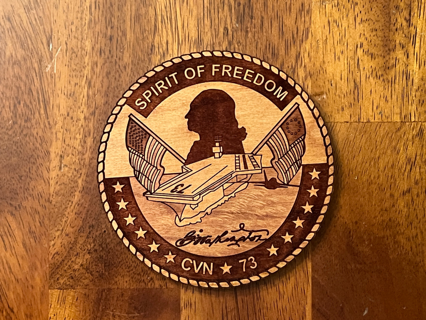 USS George Washington (CVN 73) Coaster – US Navy Aircraft Carrier – Laser Engraved Cherry Wood Coaster – Solid Wood Navy Gift