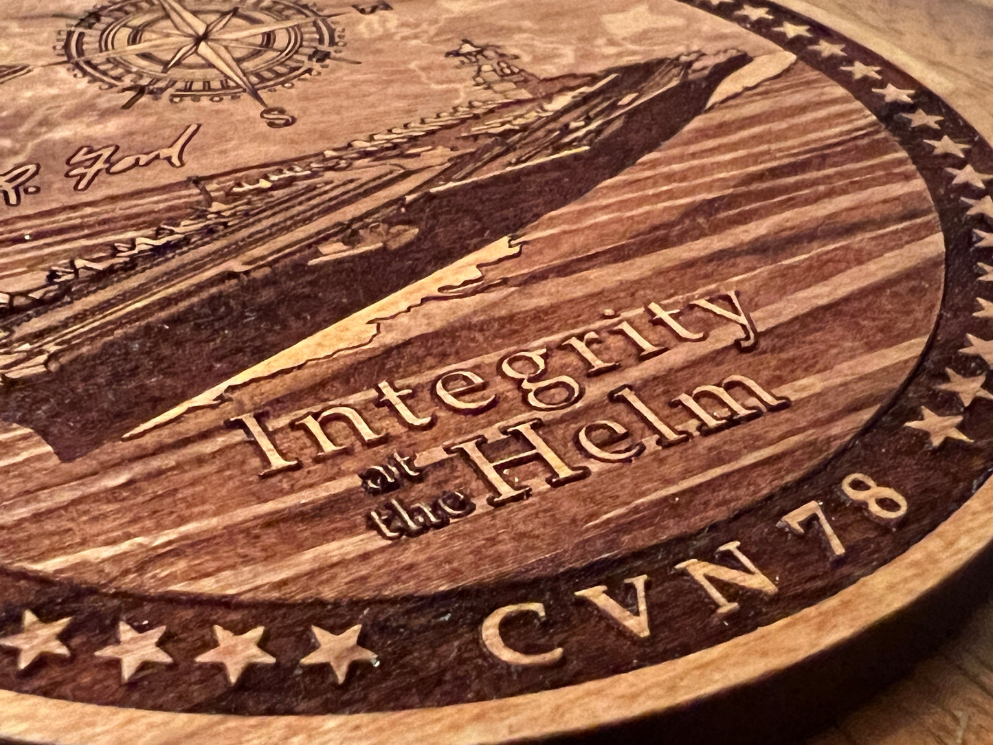 USS Gerald R. Ford (CVN 78) Coaster – US Navy Aircraft Carrier – Laser Engraved Cherry Wood Coaster – Solid Wood Navy Gift